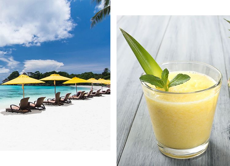A collage of natural juice and beach